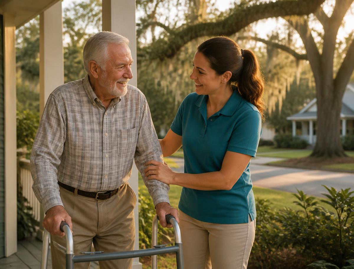 A caregiver helping an older man walk safely on his front porch in Southwest Georgia